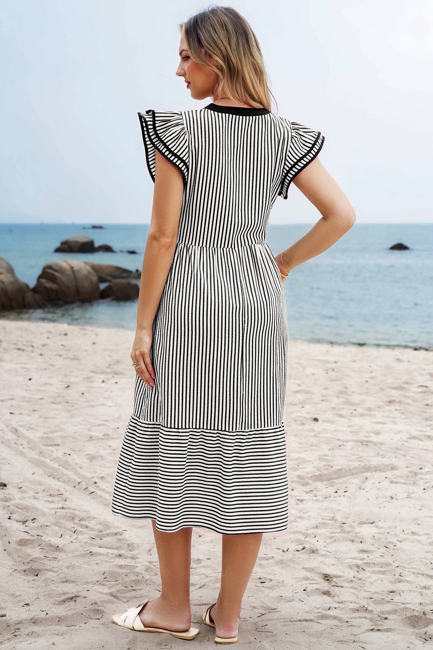 Stripe Double Ruffled Short Sleeve V Neck Midi Dress S-4X