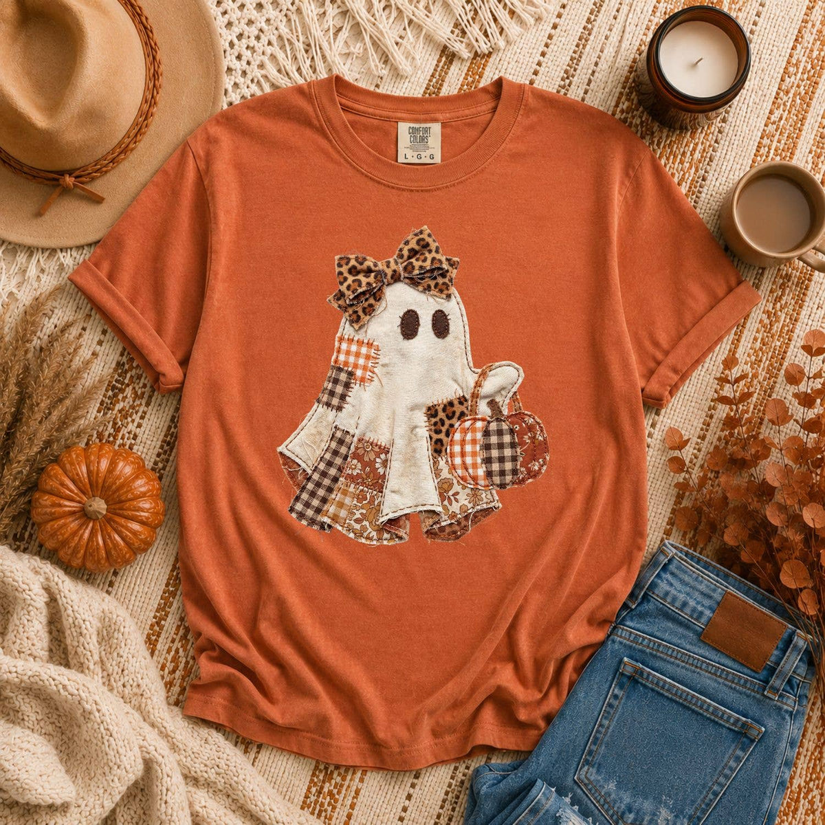 Patchwork Ghost Comfort Colors T-Shirt Halloween Fall Preppy
