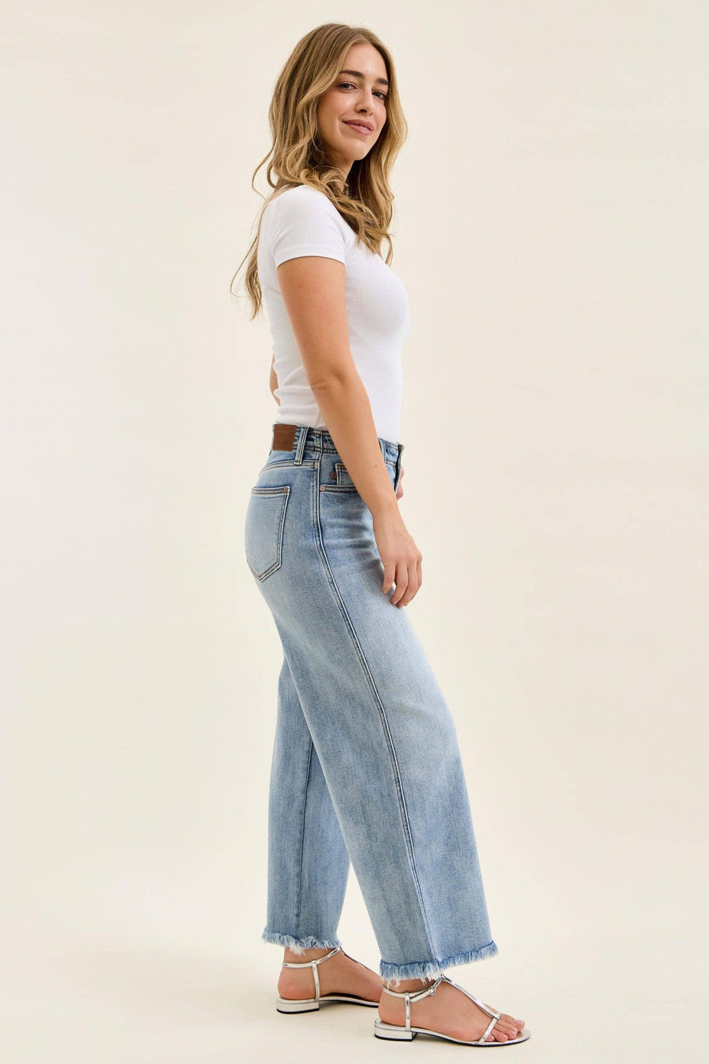 Judy Blue Mid Rise Light Wash Ankle Wide Leg Jeans with Hollywood Waistband & Fray Hem