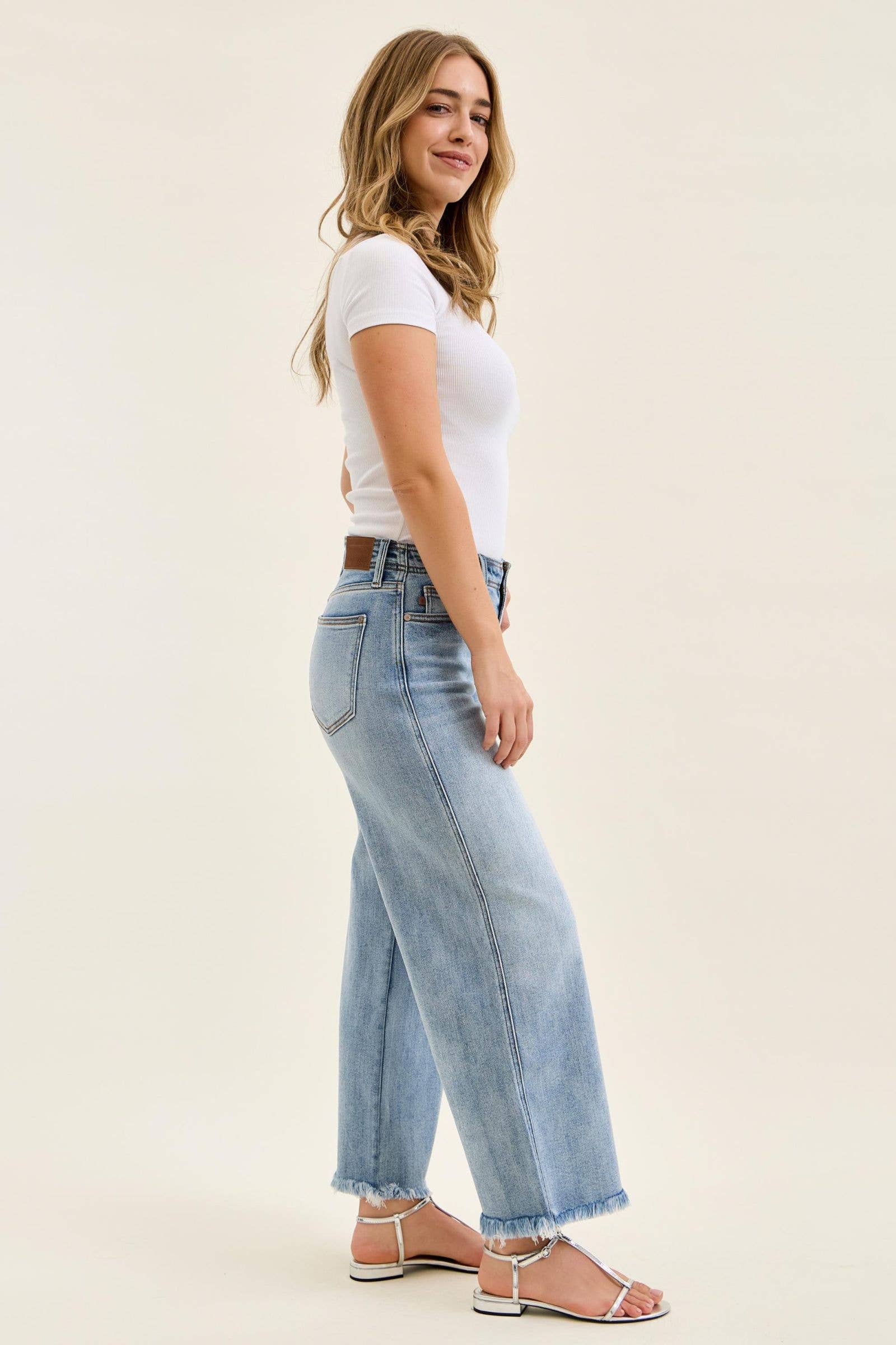 Judy Blue Mid Rise Light Wash Ankle Wide Leg Jeans with Hollywood Waistband & Fray Hem