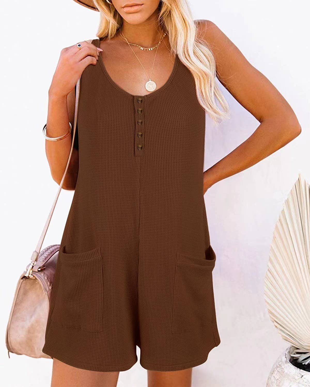 Henley waffle romper pocket short jumpsuit