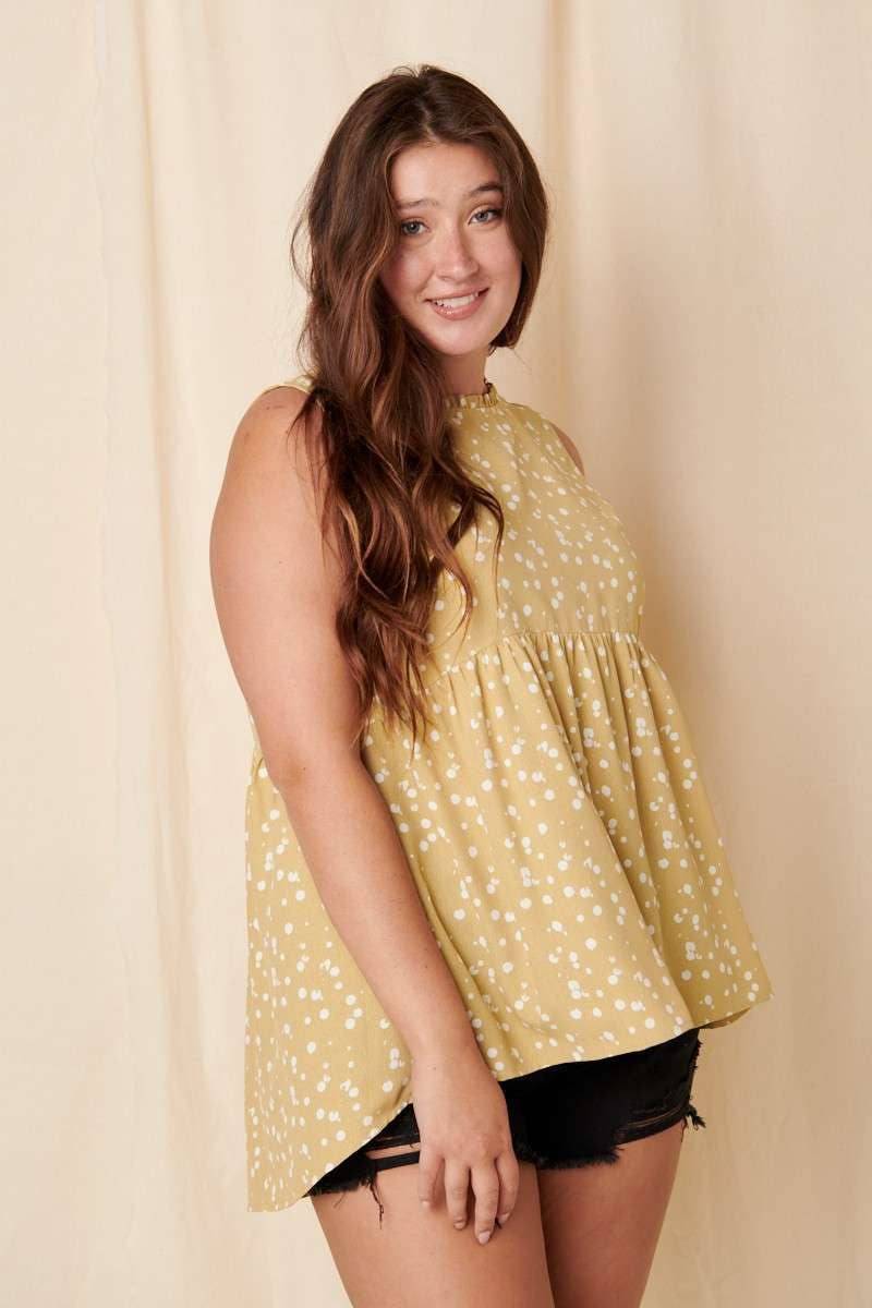 H14332PL-PLUS SPLASH DOT RUFFLE MOCK NECK BLOUSE