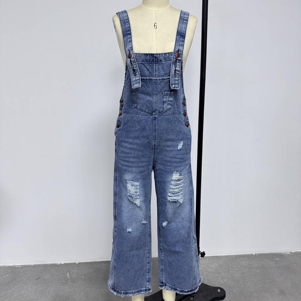Women's Wide Leg Jumpsuit with Ripped Details Denim Overalls