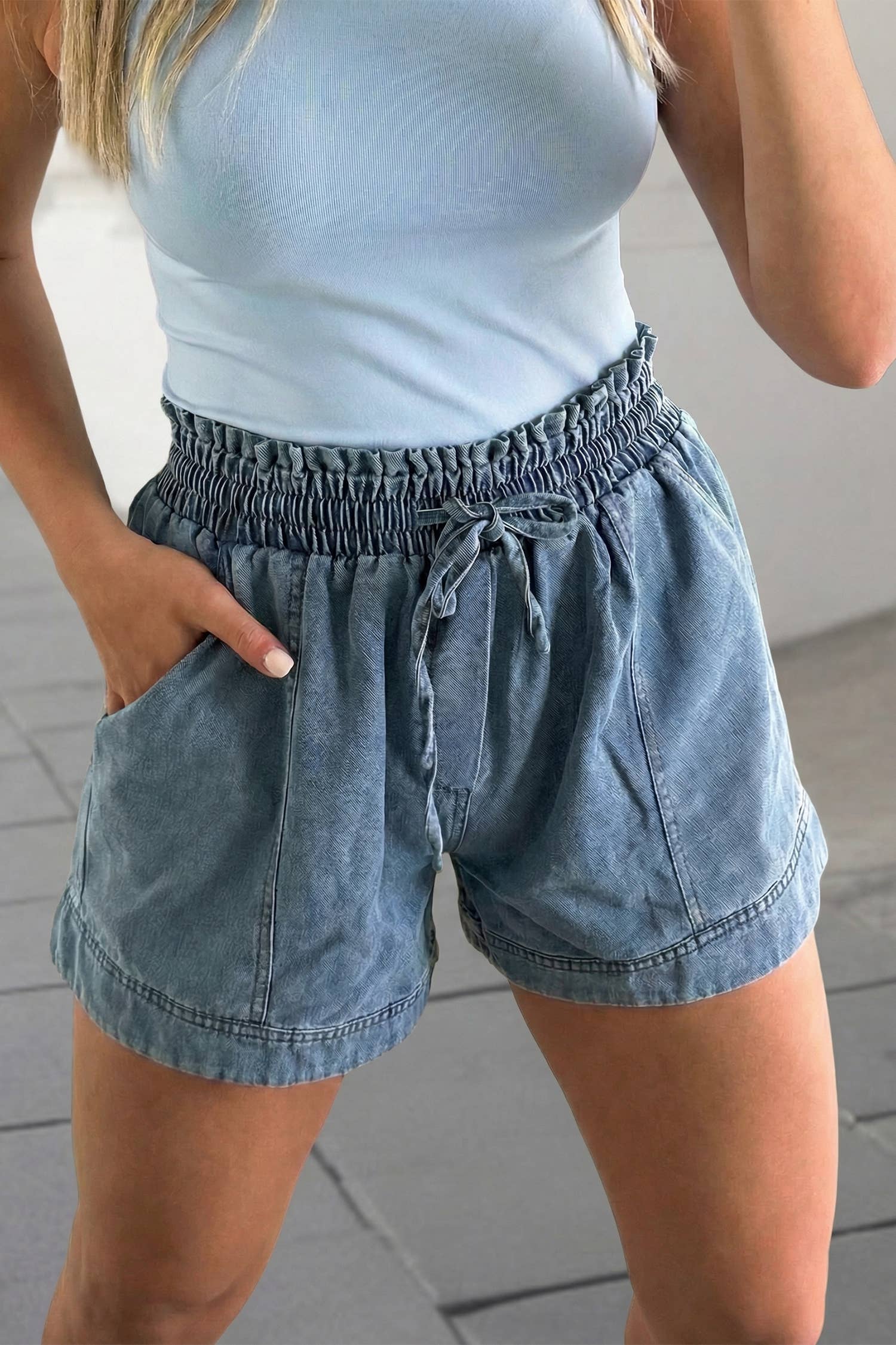 Smocked Elastic Waist Denim Shorts | S-XL