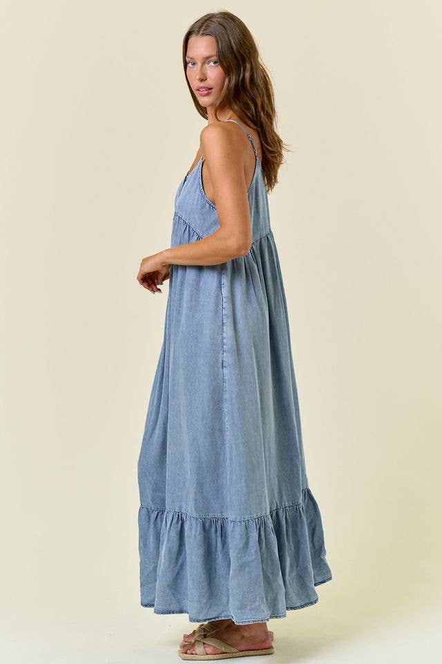 Tencel Chambray Tiered Ruffled Skirt Midi Dress - 28028D