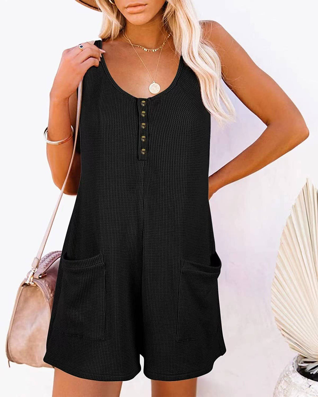 Henley waffle romper pocket short jumpsuit
