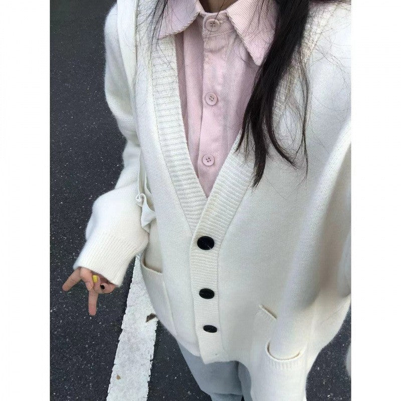 Retro V-Neck Long Sleeve Loose Knit Cardigan for Women Casual Oversized Sweater Coat