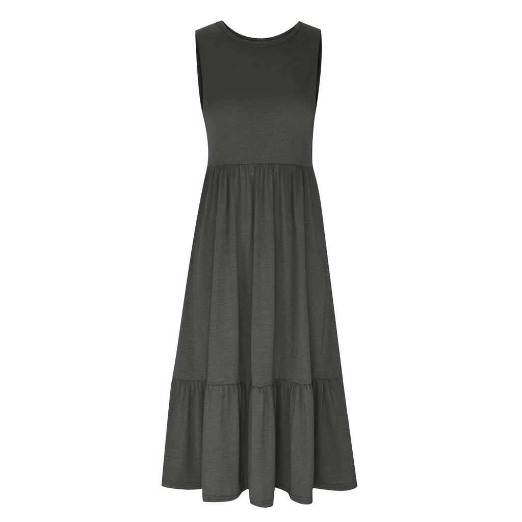 Ladies Sleeveles Pockets Simple Midi Dress 9123