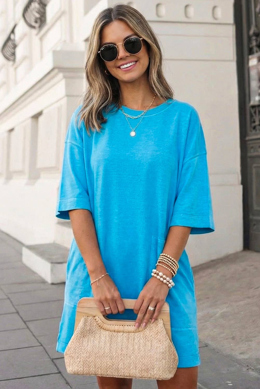Solid Drop Shoulder Loose T Shirt Mini Dress | S-XL