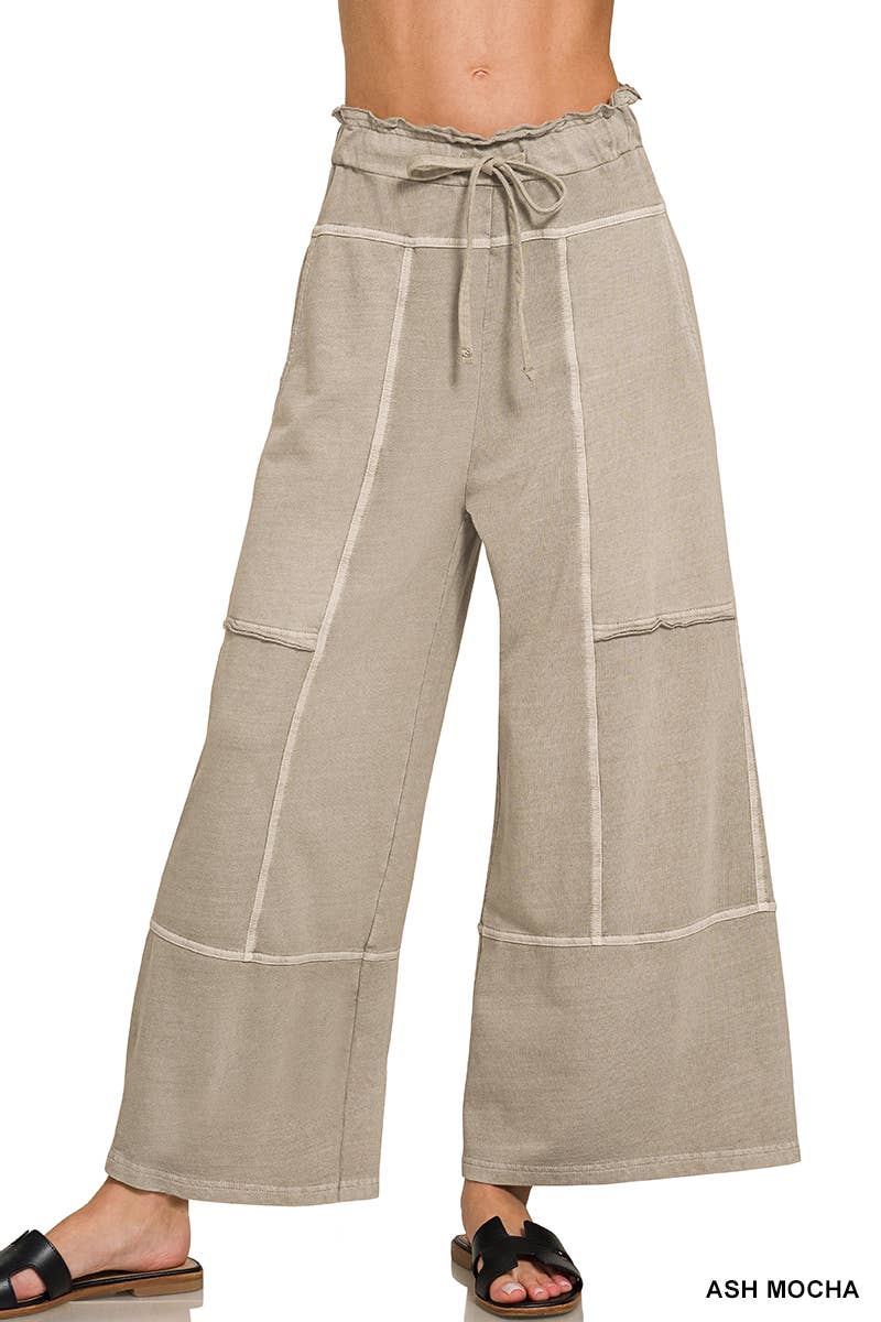 French Terry Washed Wide Leg Pants w/ Pockets - Zenana