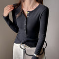 Feminine Henley Neck Long Sleeve T-Shirt for Women, Fitted Slim Design, Buttoned Crew Neck, Regular Shoulder