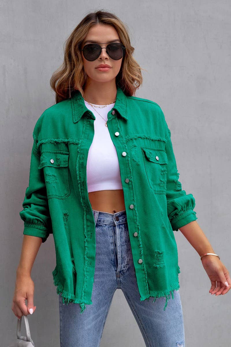 Old solid color denim coat with lapel and ripped raw edge
