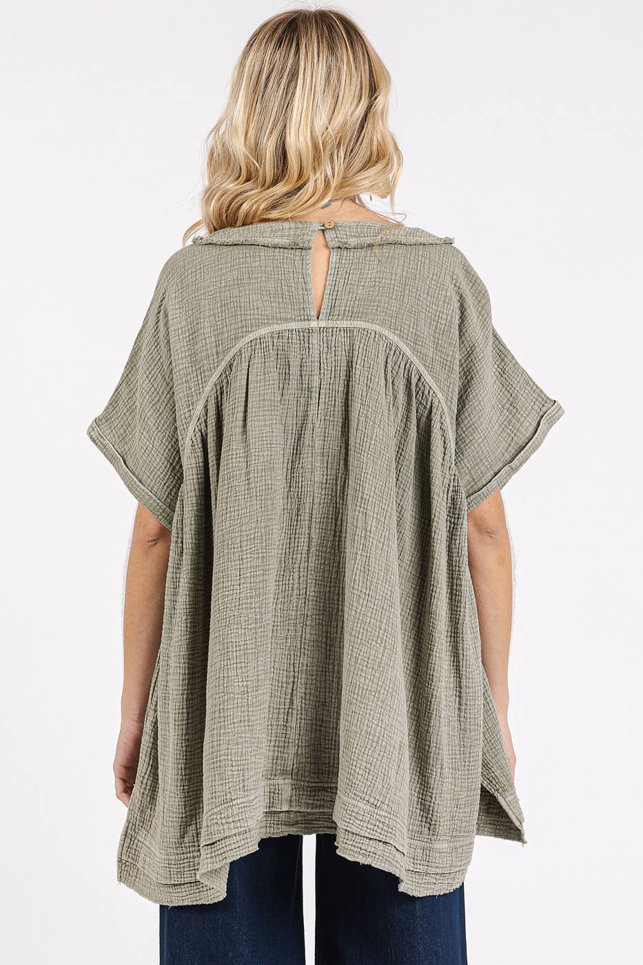 MINERAL WASH GAUZE BABYDOLL V-NECK OVERSIZED TOP