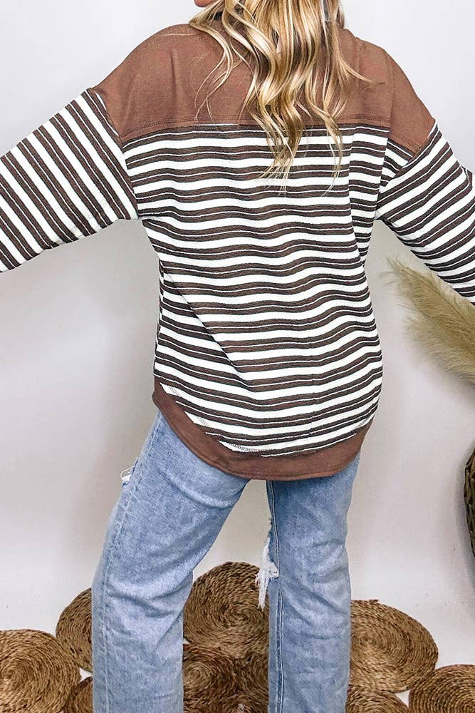 Oversized Striped Fleece Pullover Stand Collar Top CY167