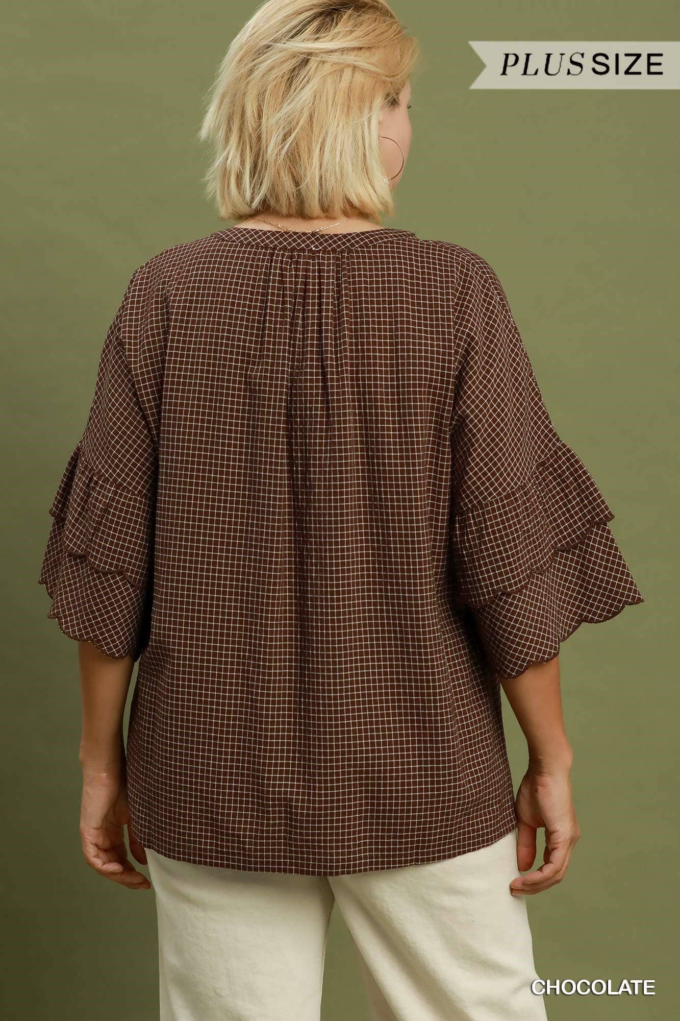 Plus Checkered Tiered Ruffle Sleeve Blouse