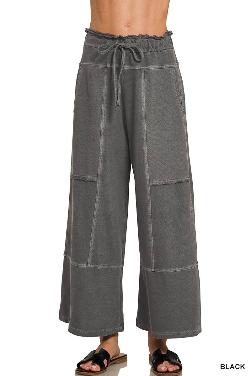French Terry Washed Wide Leg Pants w/ Pockets - Zenana