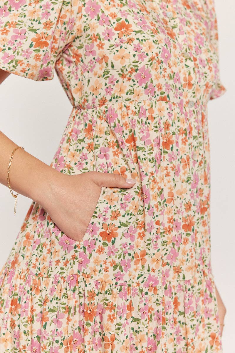 Floral Button Down V Neck Dress Plus Size