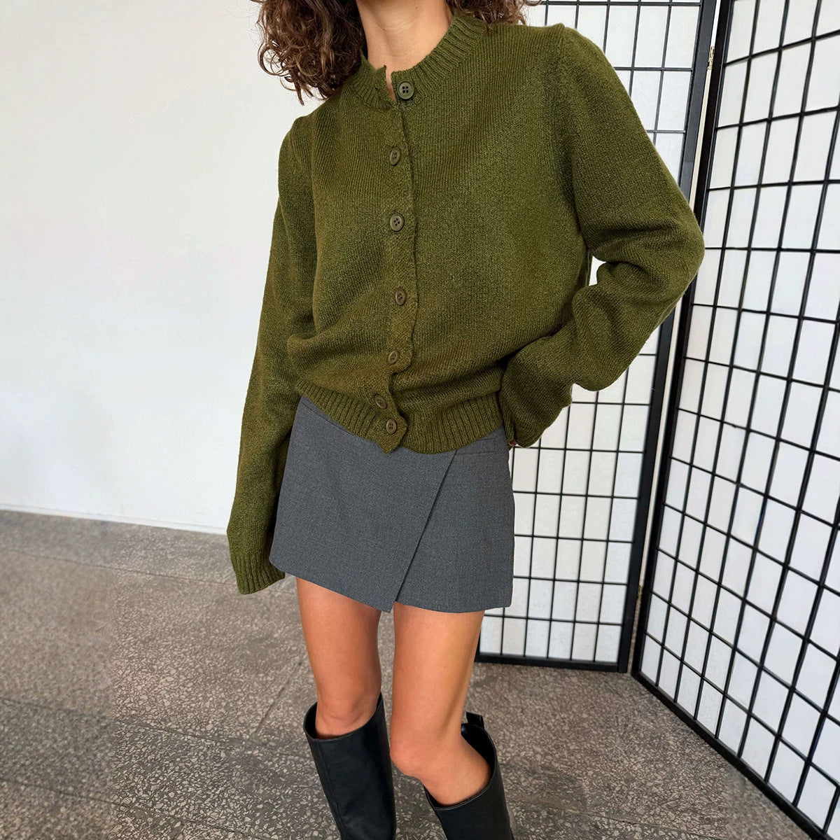 Round neck cardigan sweater