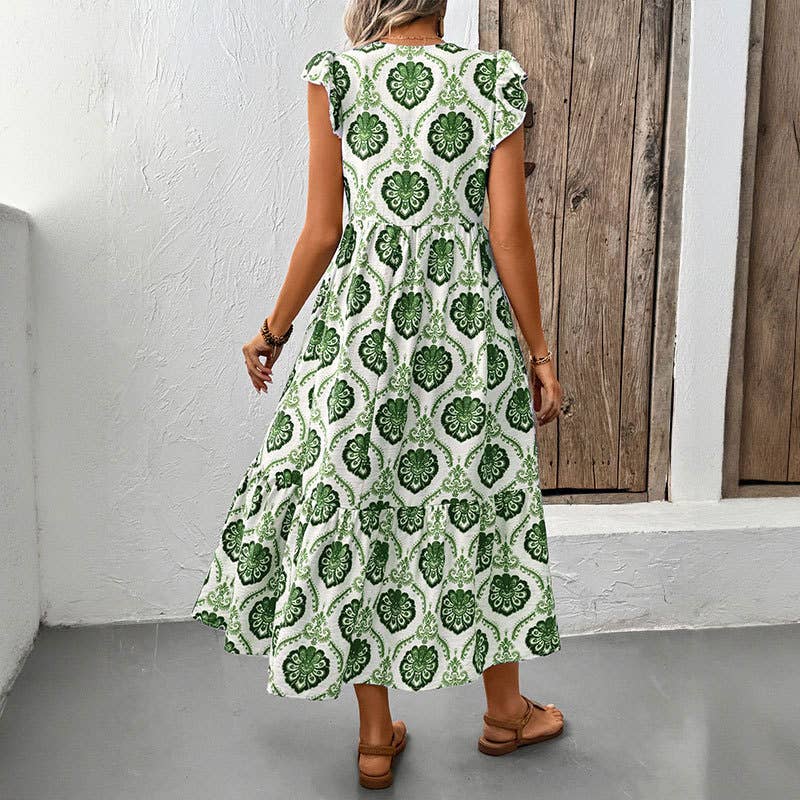 Loose-Fit Deep V-Neck Floral Print Maxi Dress