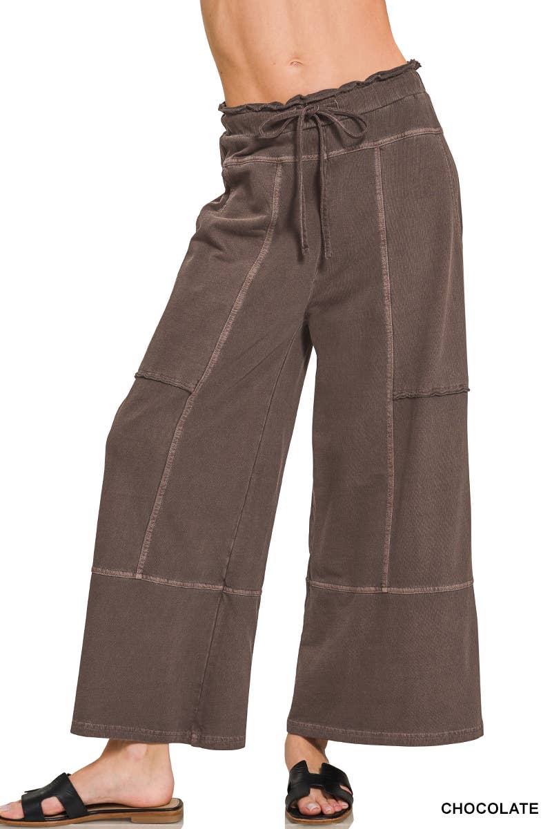 French Terry Washed Wide Leg Pants w/ Pockets - Zenana