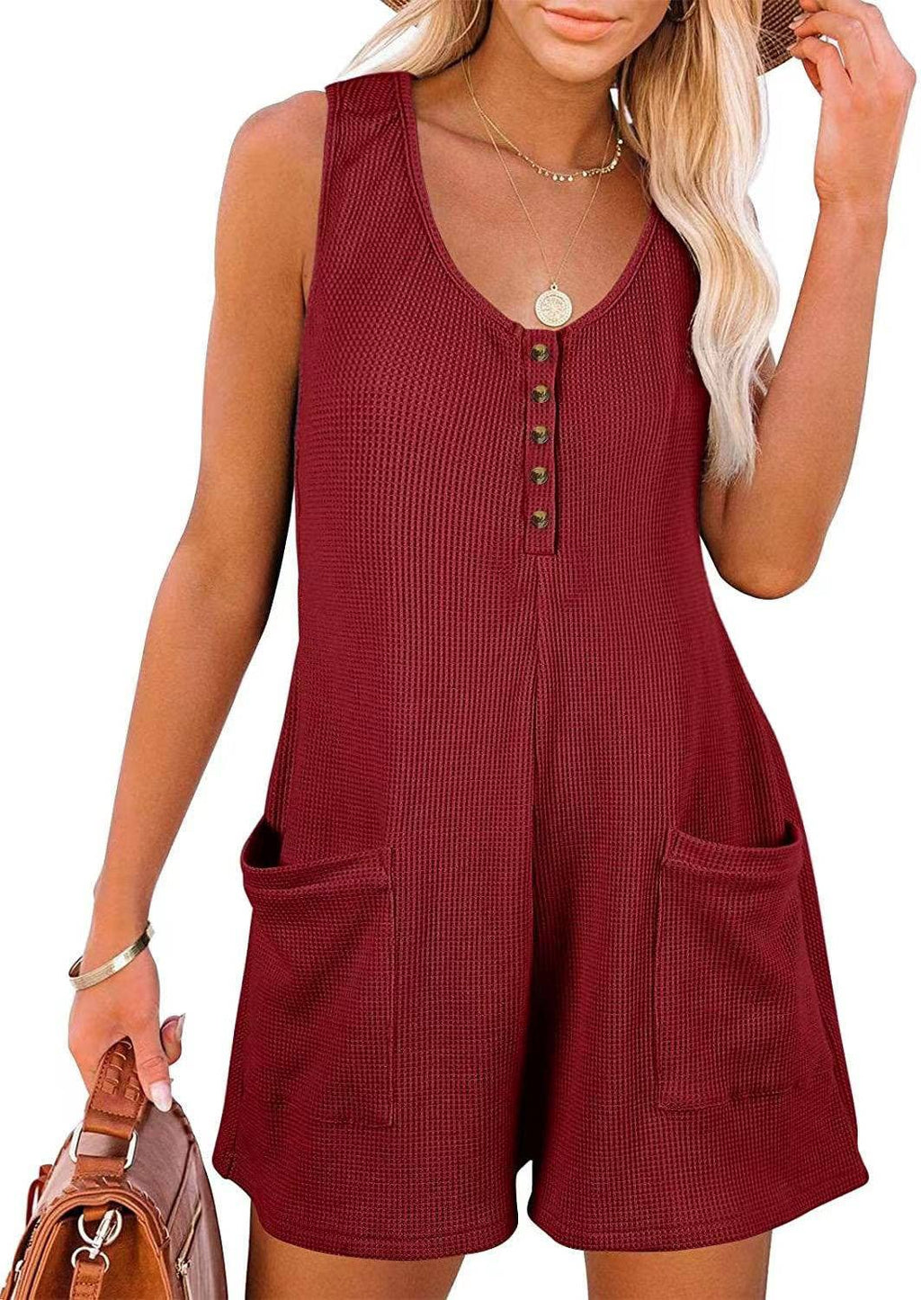 Henley waffle romper pocket short jumpsuit