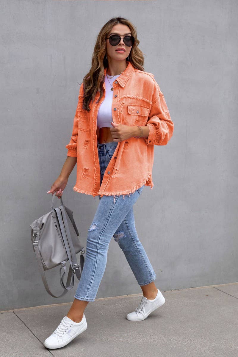 Old solid color denim coat with lapel and ripped raw edge