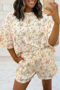 Floral Oversize Sweat Tee Elastic Waist Pocket Short 2PC Set