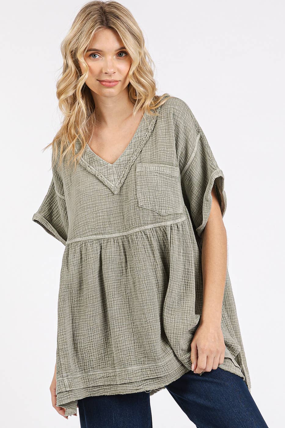 MINERAL WASH GAUZE BABYDOLL V-NECK OVERSIZED TOP