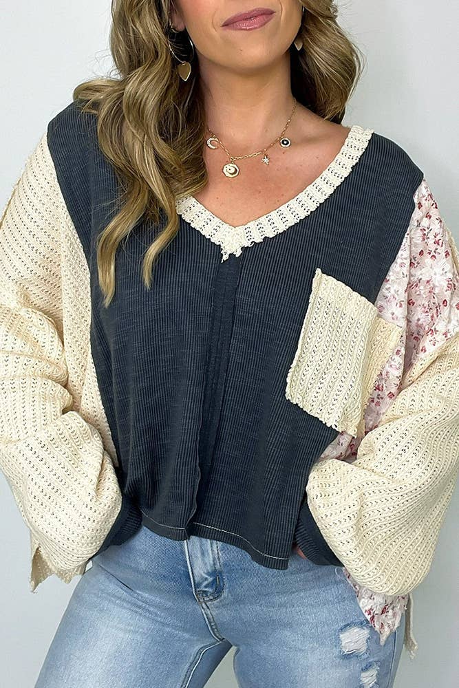 Floral Waffle Knit Color Block Pullover Top CY163