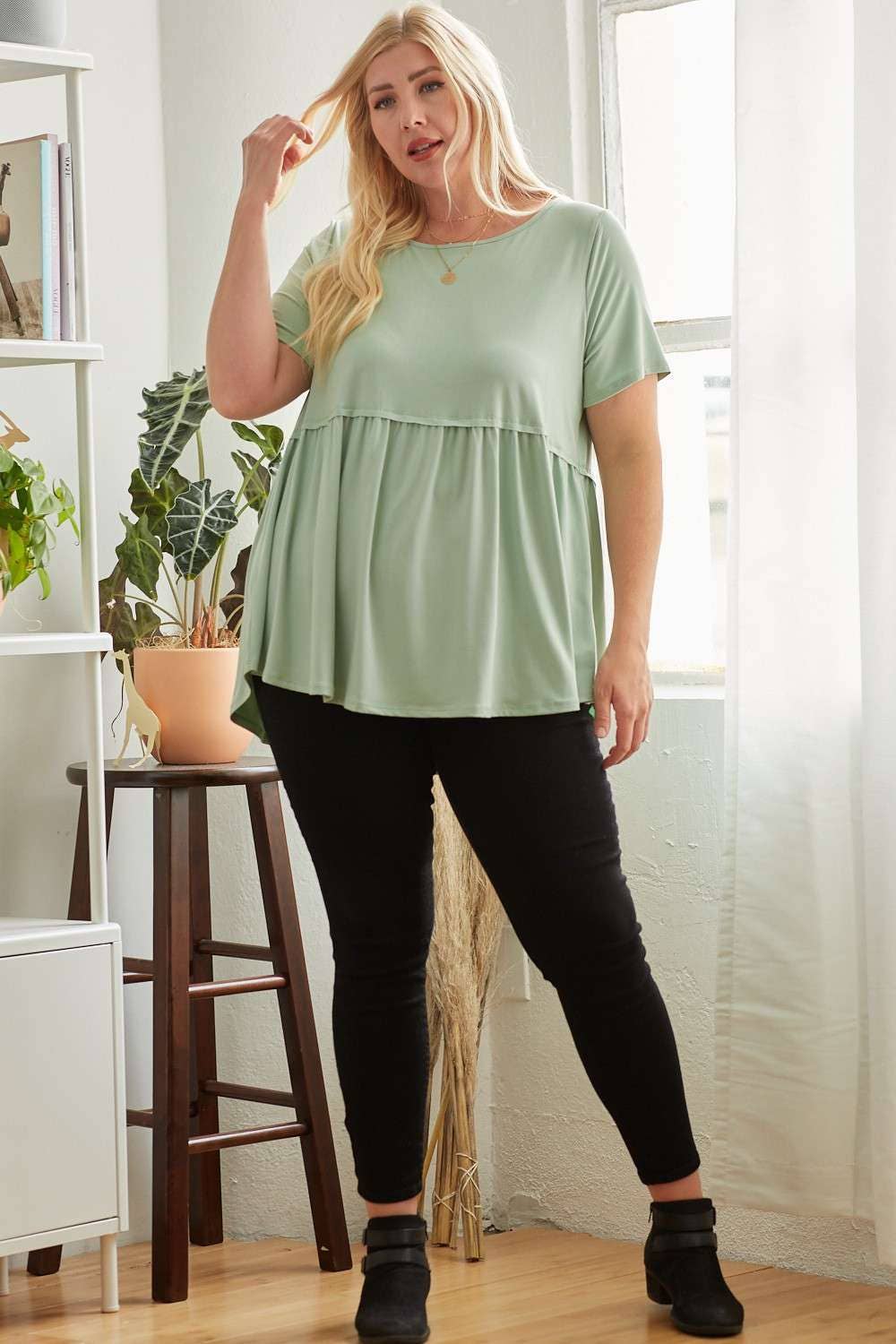 CT9069PL-PLUS DTY ROUND NECK BABYDOLL KNIT TOP