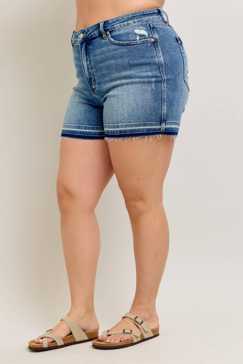 MR Tummy Control Vintage Wash Release Hem Shorts - PLUS