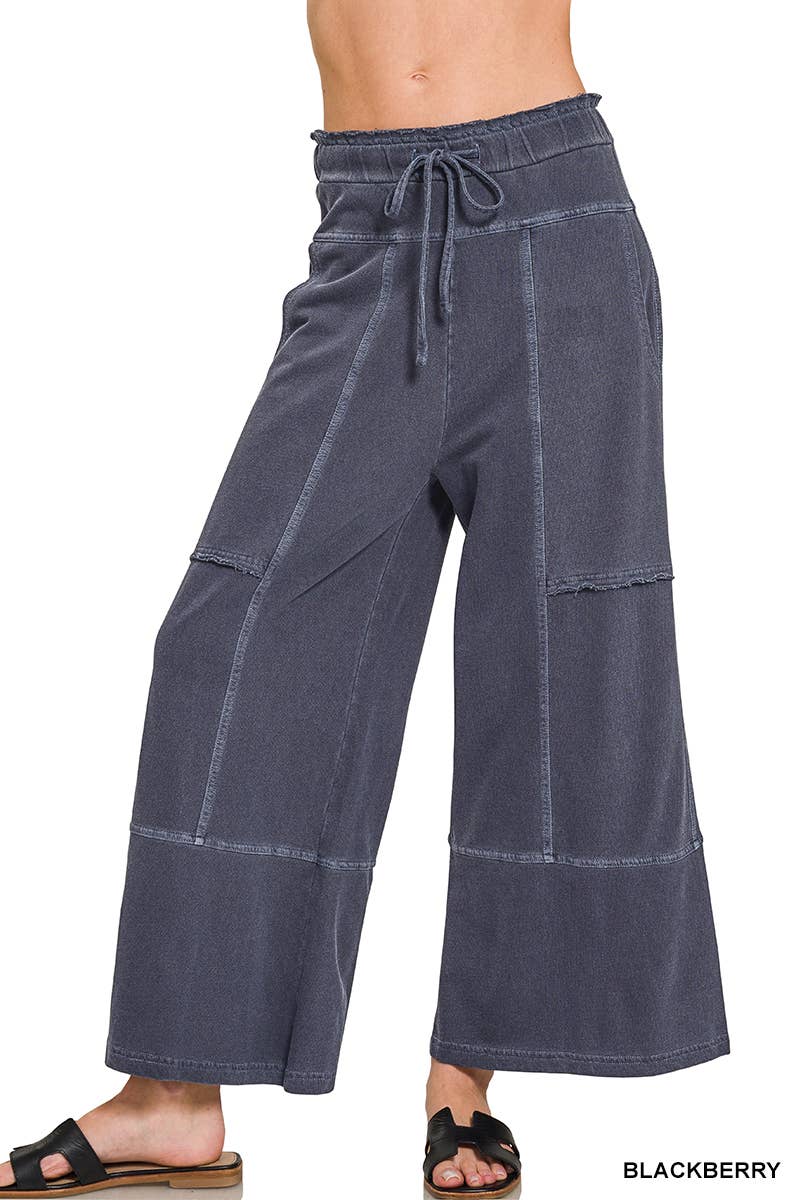 French Terry Washed Wide Leg Pants w/ Pockets - Zenana