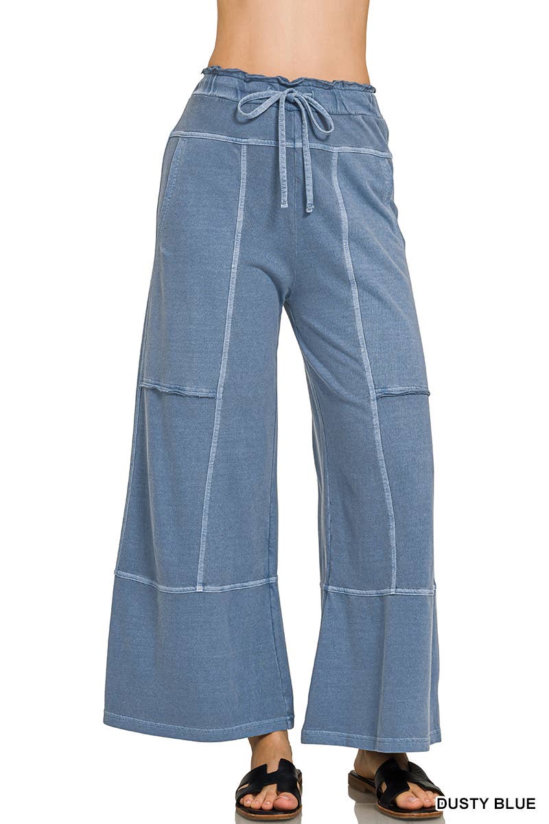 French Terry Washed Wide Leg Pants w/ Pockets - Zenana