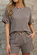 Leopard Texture Trim Twist Ribbed Short Set