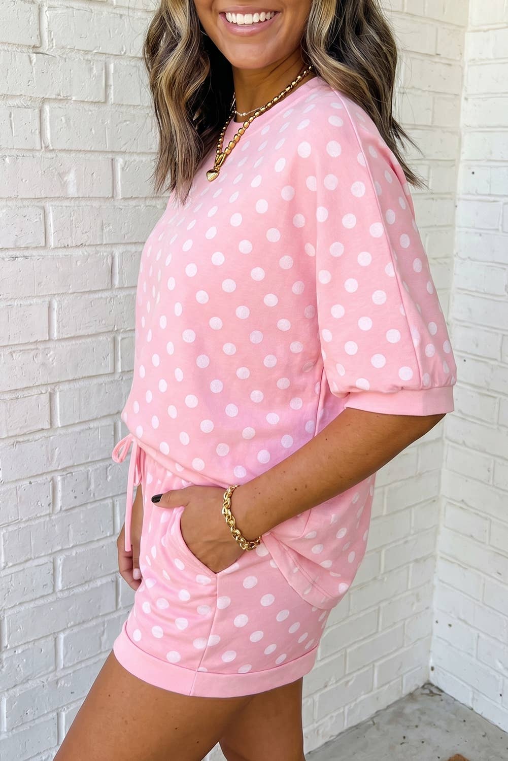 Casual Polka Dot Short Sleeve Top and Drawstring Shorts Set