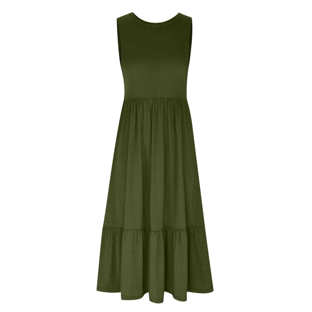Ladies Sleeveles Pockets Simple Midi Dress 9123