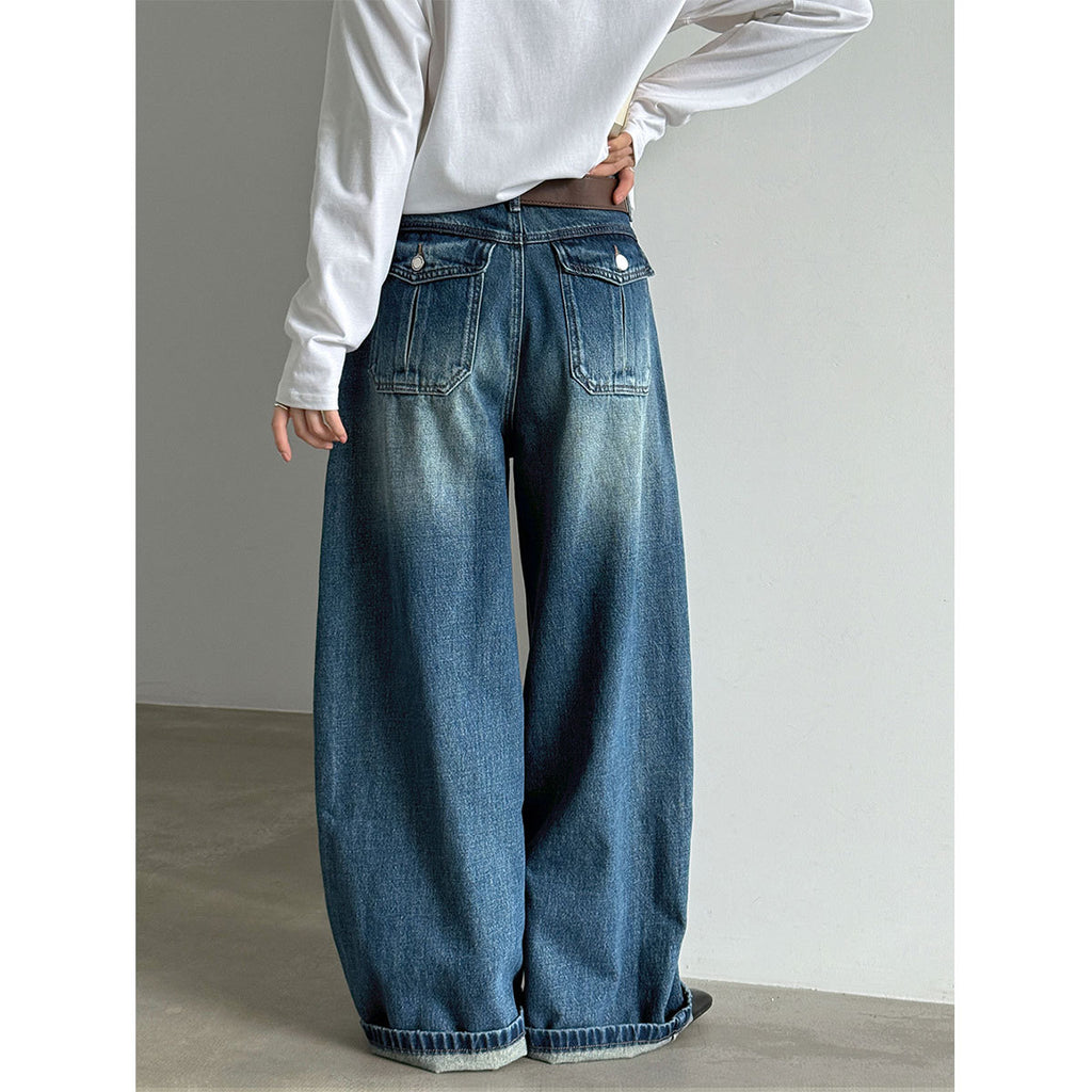 Cotton Vintage High-Waisted Wide-Leg Jeans for Women, Autumn Washed Gradient Straight Leg Long Pants