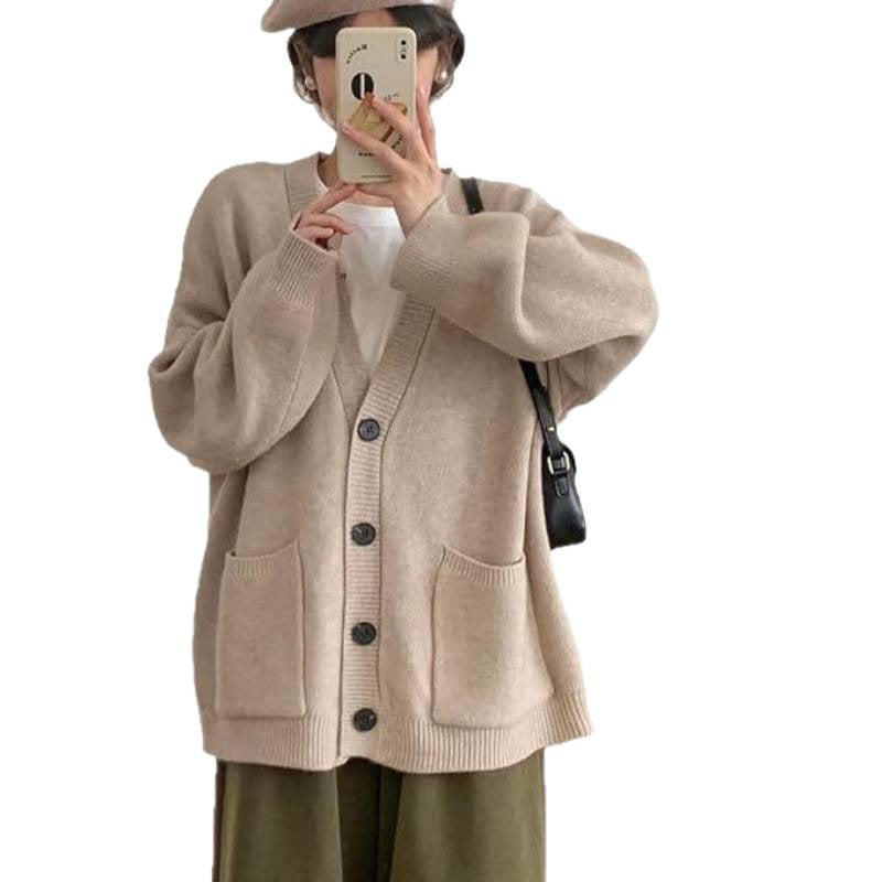 Retro V-Neck Long Sleeve Loose Knit Cardigan for Women Casual Oversized Sweater Coat