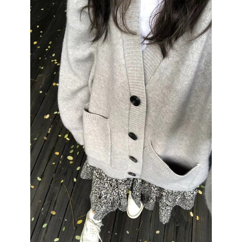 Retro V-Neck Long Sleeve Loose Knit Cardigan for Women Casual Oversized Sweater Coat