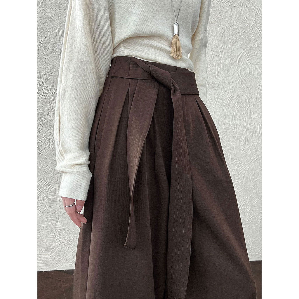 Retro Design Belted Pleated Wide-Leg Pants for Women Autumn New Casual Straight Leg Long Pants