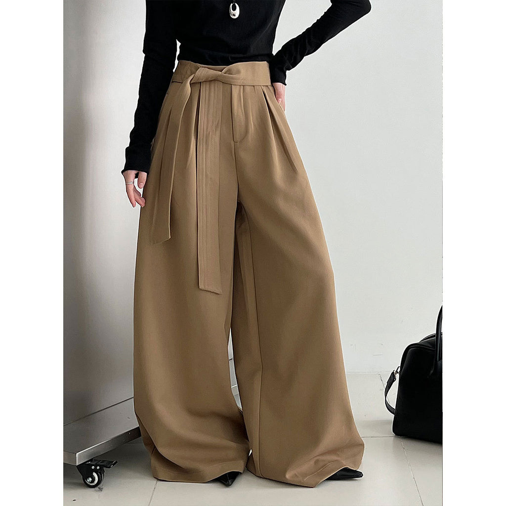 Retro Design Belted Pleated Wide-Leg Pants for Women Autumn New Casual Straight Leg Long Pants