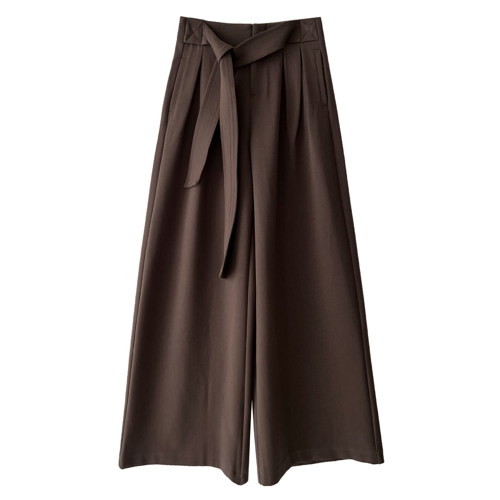 Retro Design Belted Pleated Wide-Leg Pants for Women Autumn New Casual Straight Leg Long Pants