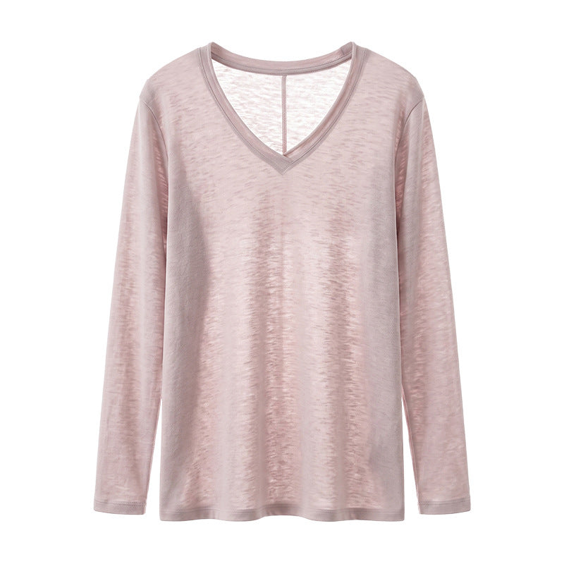 Relaxed long sleeve T-shirt for women, V-neck, snowflake cotton, inner wear or outer layer, straight shoulder, fashionable basic, loose fit, slimming top