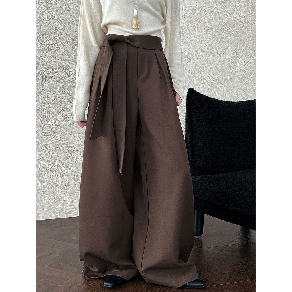 Retro Design Belted Pleated Wide-Leg Pants for Women Autumn New Casual Straight Leg Long Pants