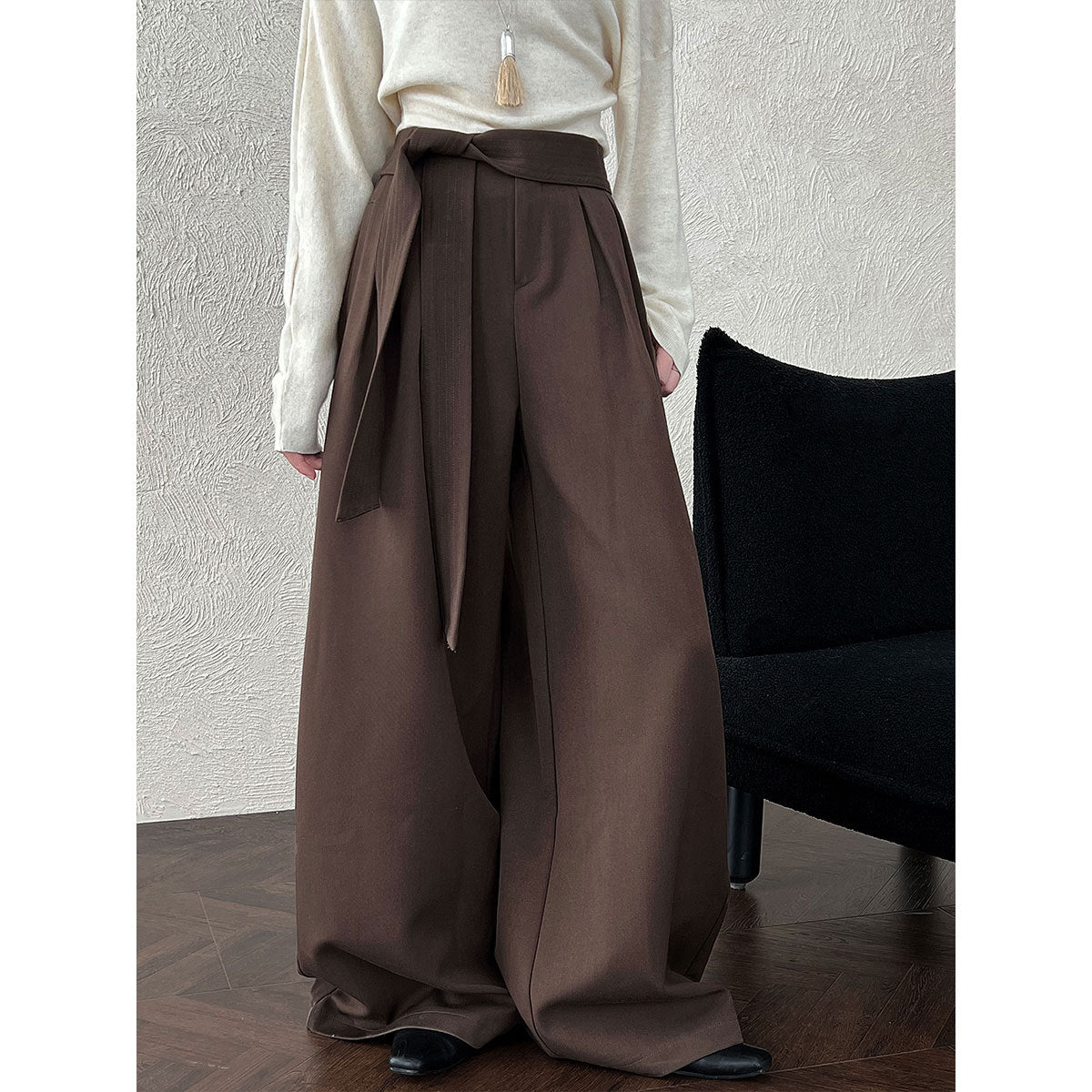 Retro Design Belted Pleated Wide-Leg Pants for Women Autumn New Casual Straight Leg Long Pants