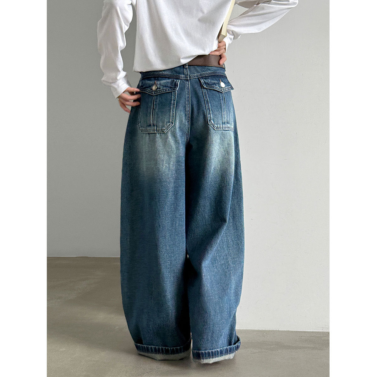 Cotton Vintage High-Waisted Wide-Leg Jeans for Women, Autumn Washed Gradient Straight Leg Long Pants