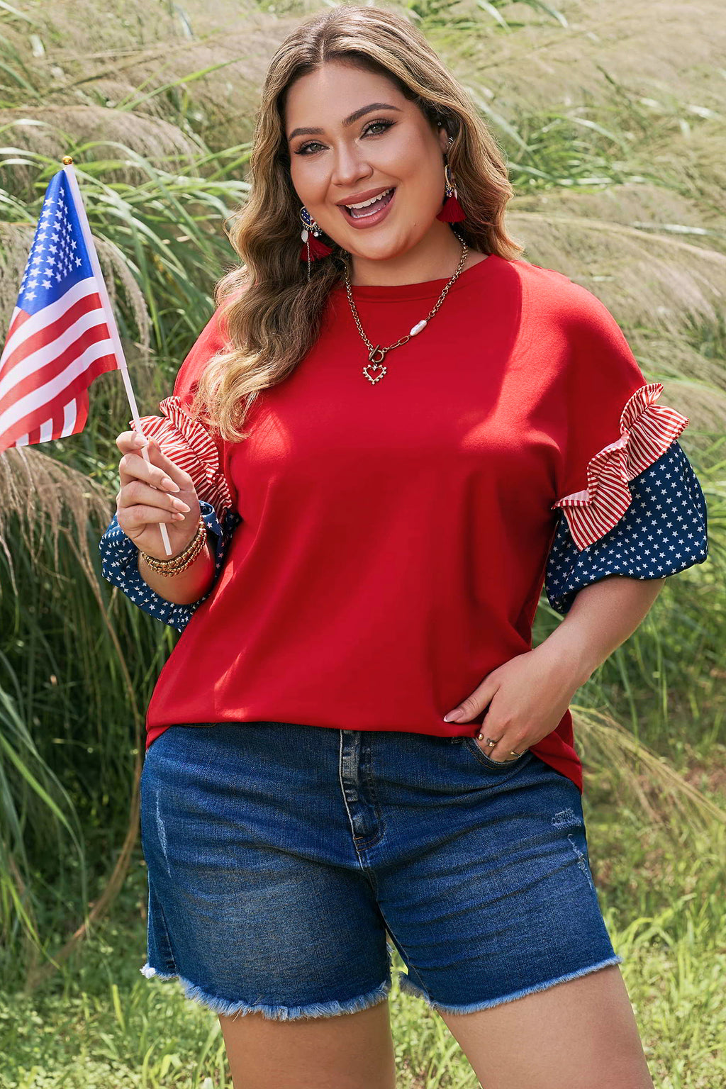 Fiery Red Stars Stripes Short Puff Sleeve Top