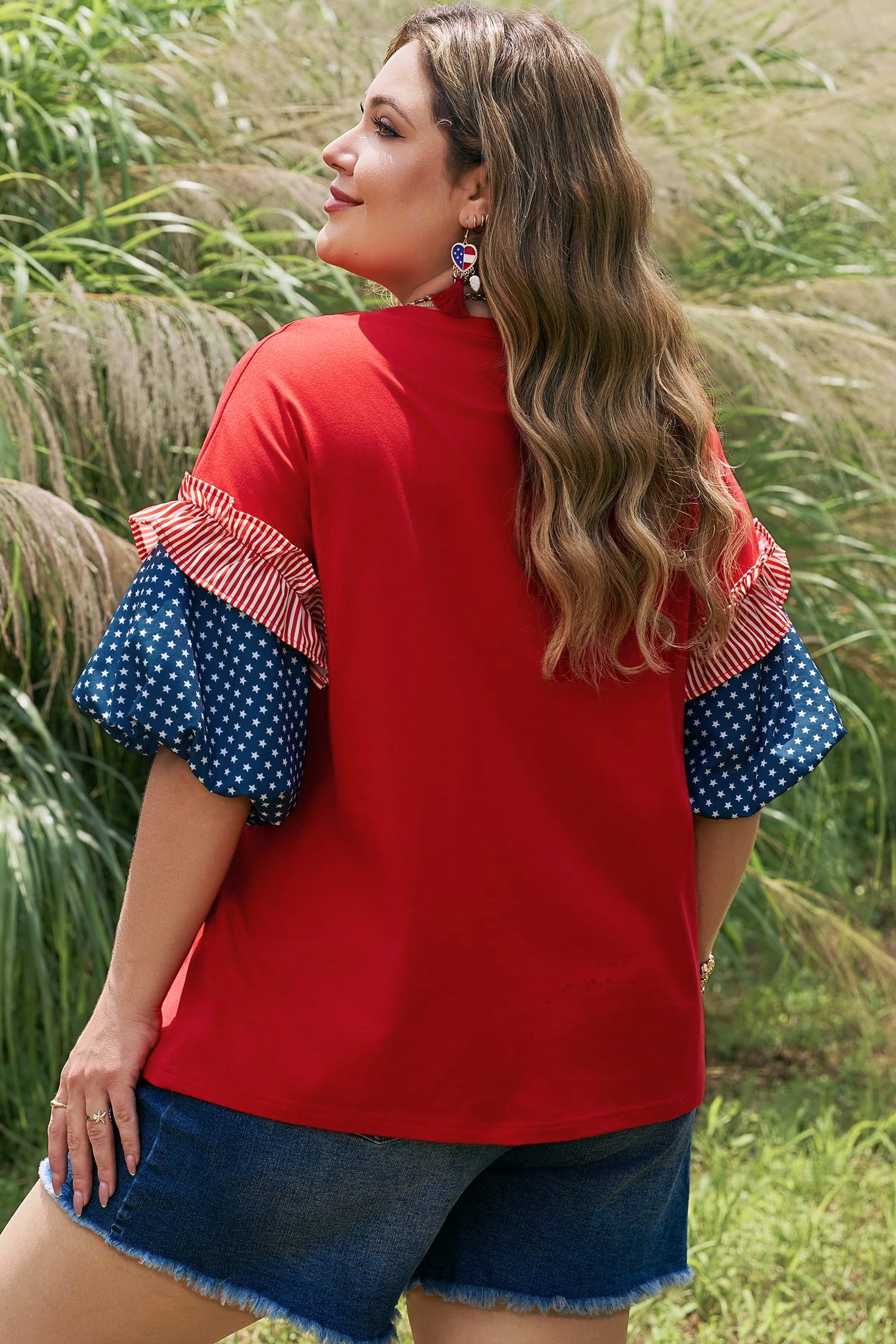 Fiery Red Stars Stripes Short Puff Sleeve Top