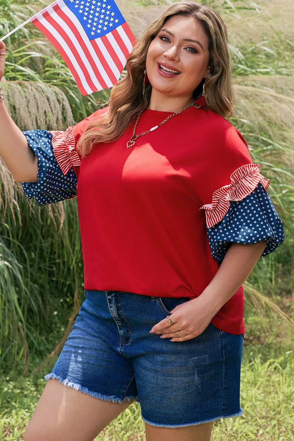 Fiery Red Stars Stripes Short Puff Sleeve Top