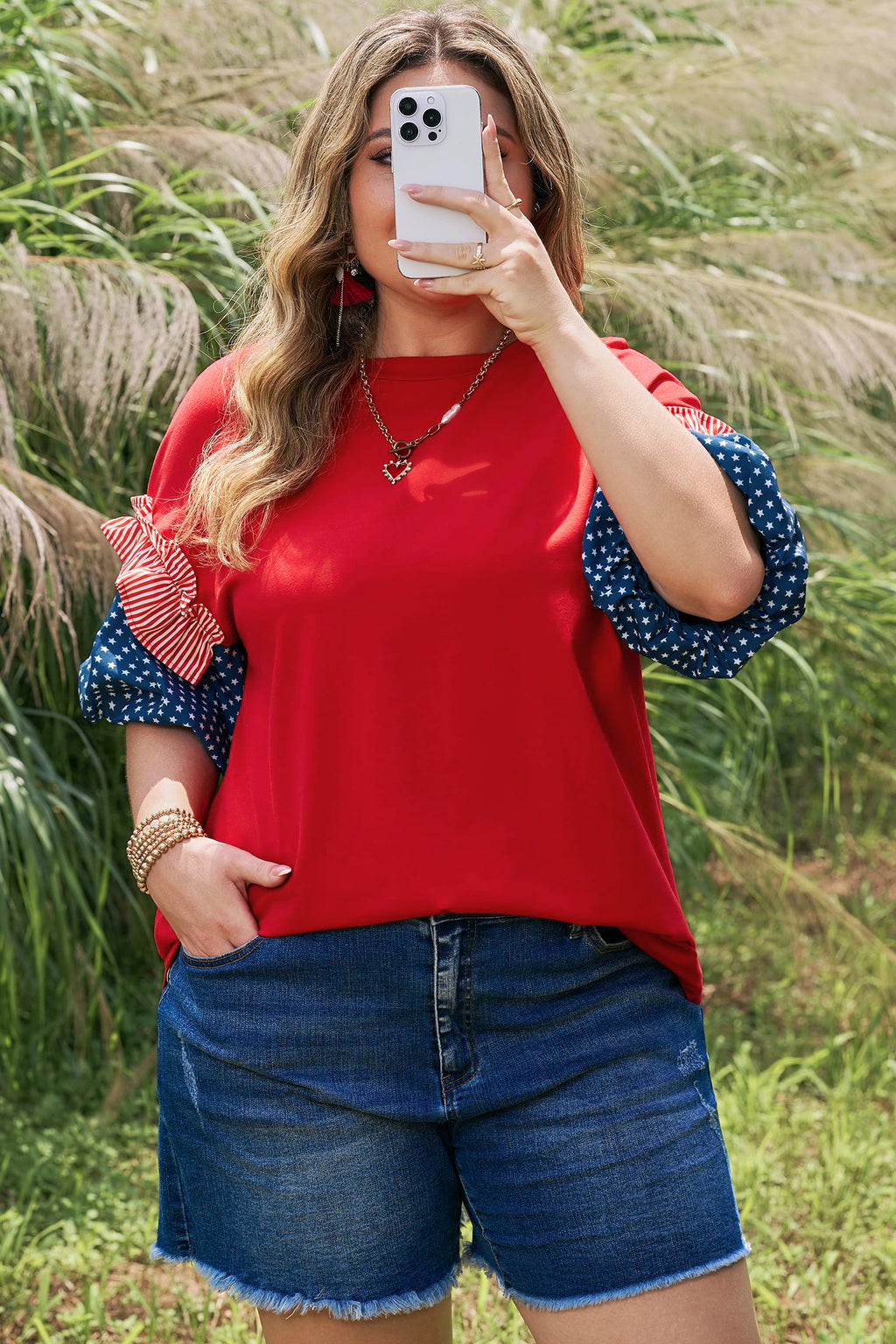 Fiery Red Stars Stripes Short Puff Sleeve Top
